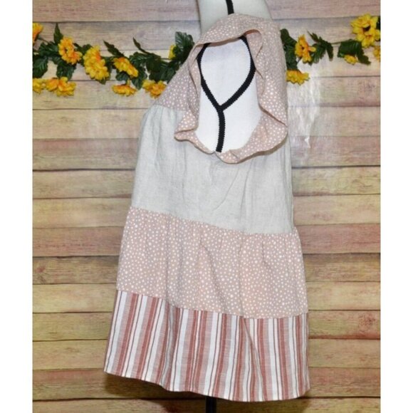 Entro Beige & Pink Cap Sleeve Tiered Blouse Top Size S Striped Polka Dots Cute - Picture 7 of 13